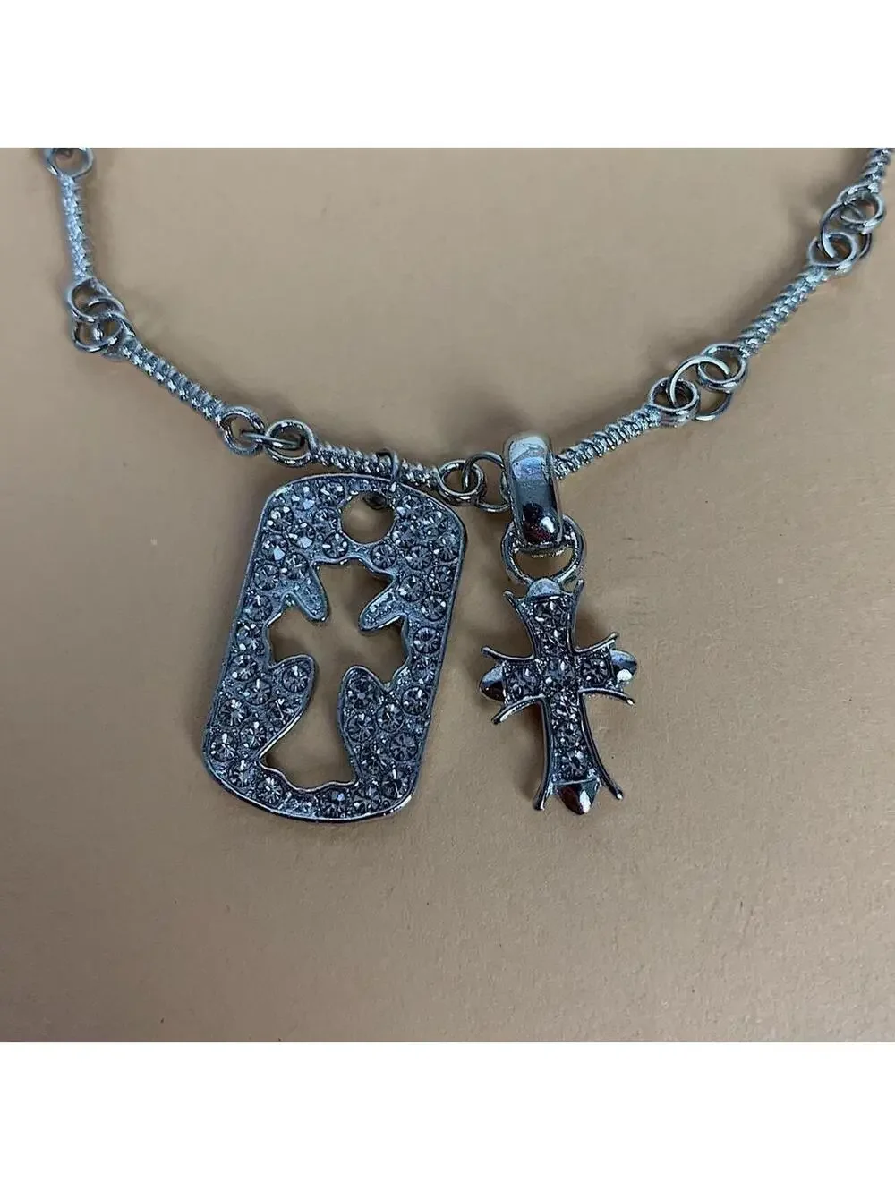 silver cross rhinestone dog tag pendant Necklace. Stainless steel Rhinestone